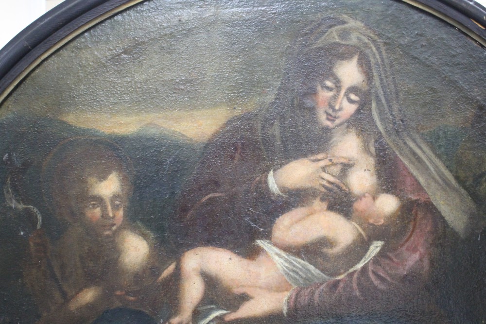 19th century Italian School, oil on canvas, Madonna and child with attendant, 80 x 98cm